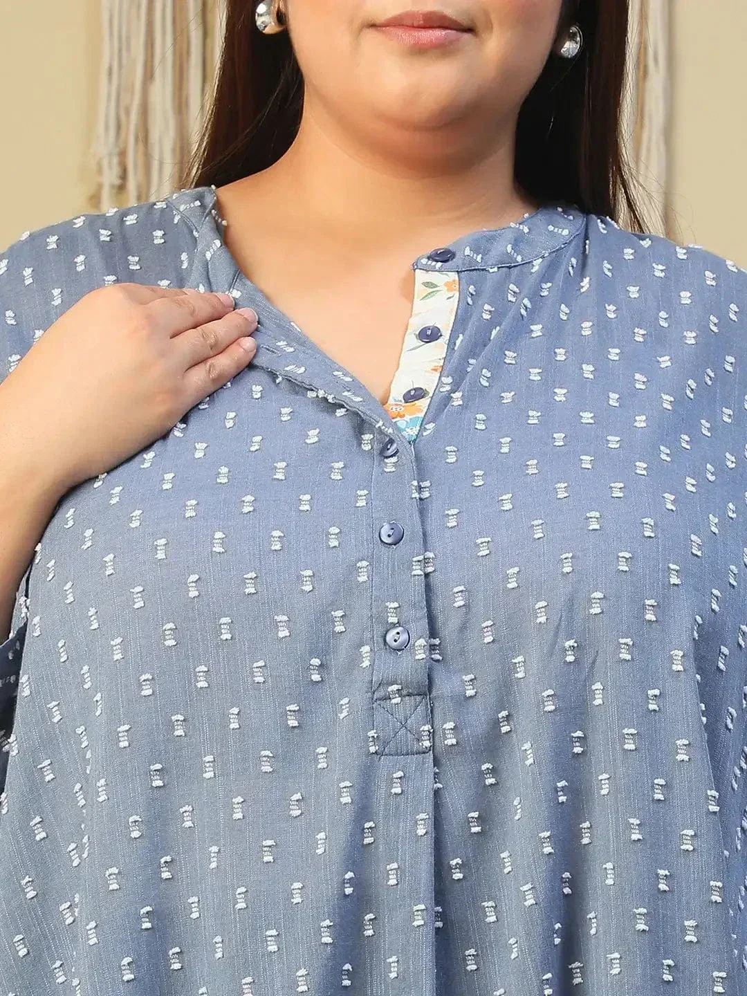 Blue Stripe Print High Low Hem Tunic & Trouser Dobby Textured Plus Size Women Co-Ord Set - Image 6