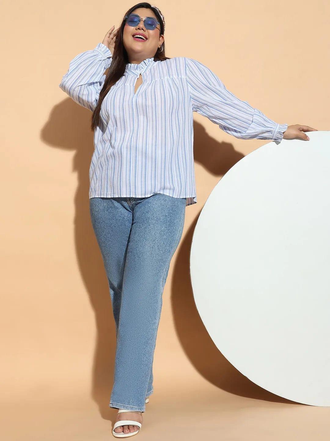 Blue Stripe Print Round Neck With Button & Keyhole Dobby Meld Plus Size Cotton Loopy Top - Image 8