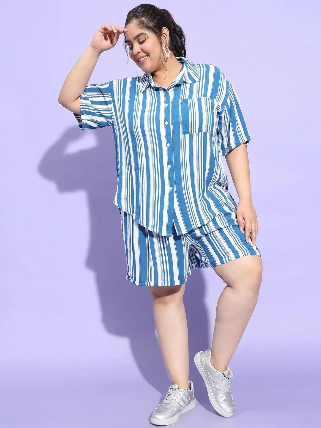 Blue Stripe Print Shirt and Shorts Plus Size Co-Ord Set - Image 2