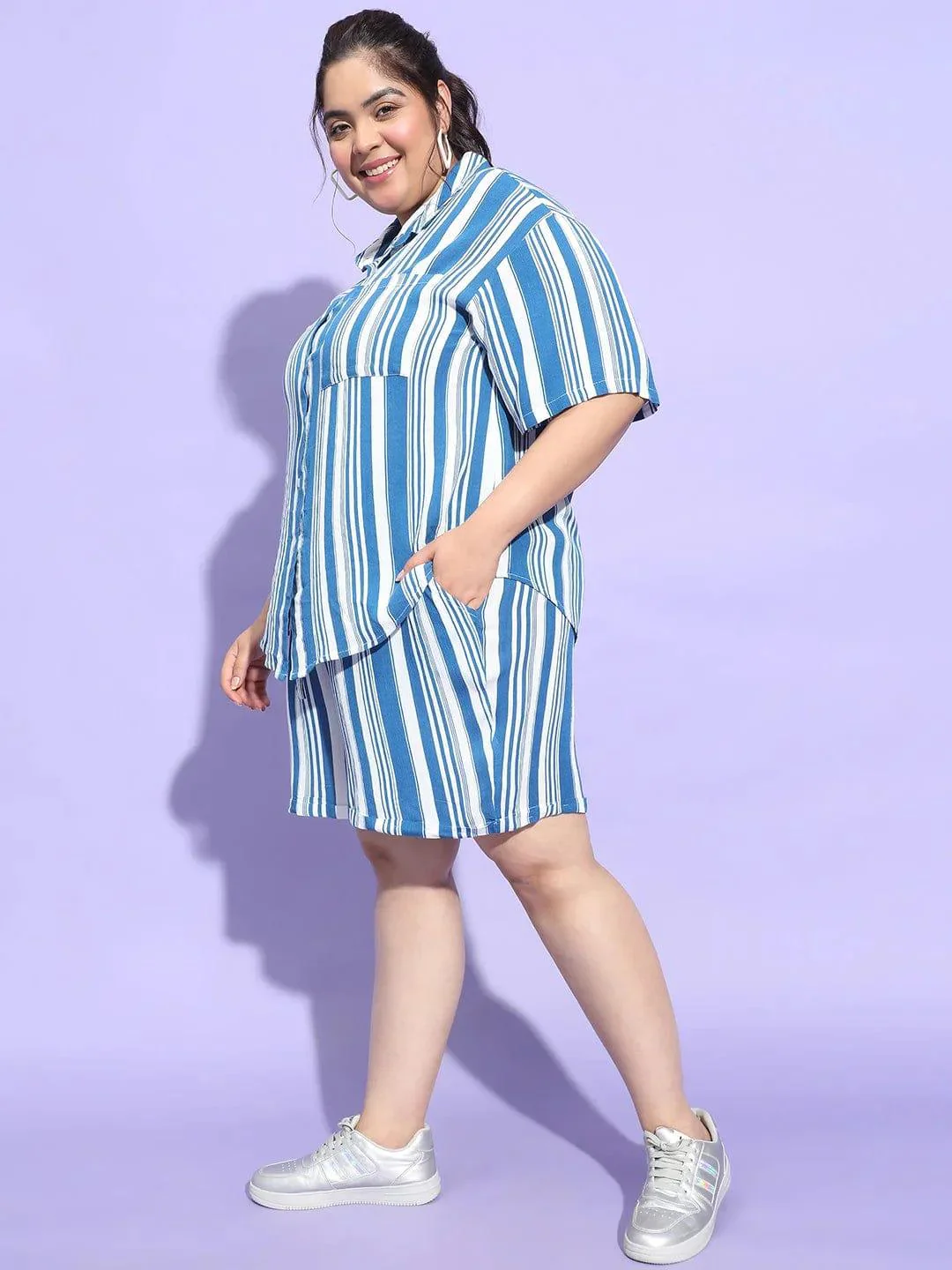 Blue Stripe Print Shirt and Shorts Plus Size Co-Ord Set - Image 3
