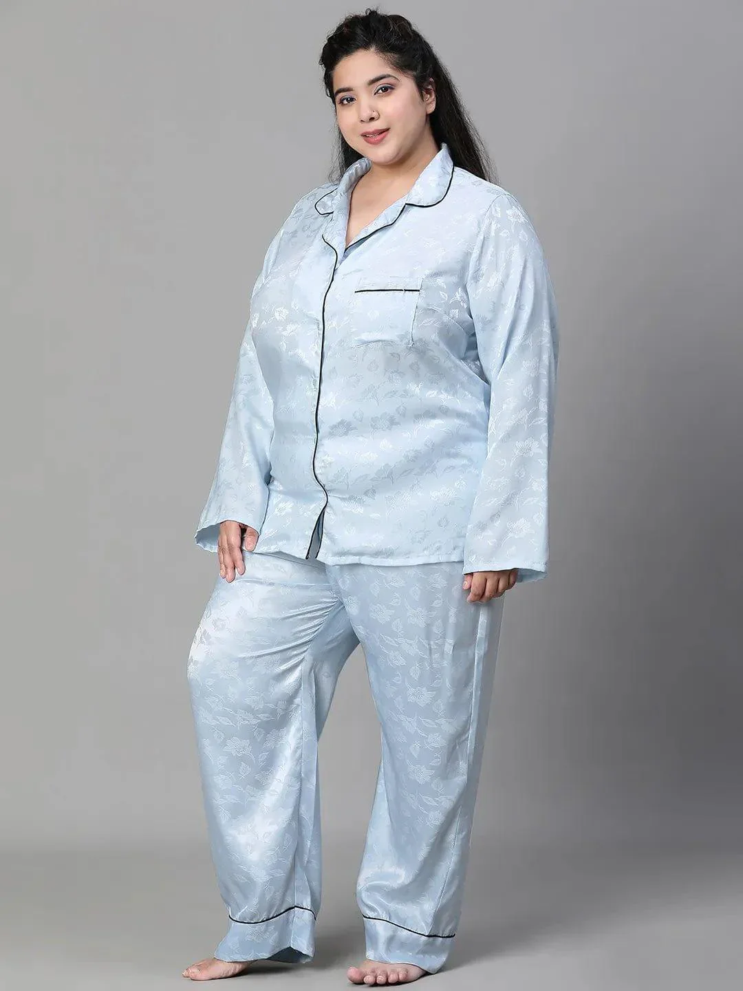 Blue Tactile Print Shirt Pajama  Plus Size Co-Ord Set Nightwear Set - Image 3