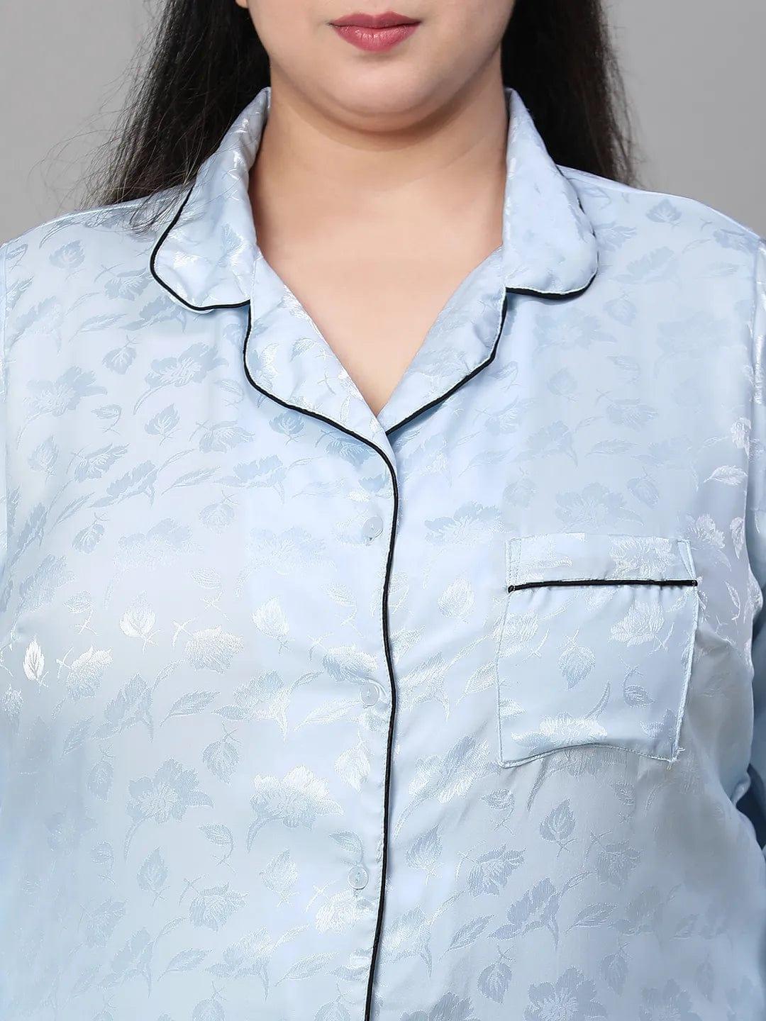 Blue Tactile Print Shirt Pajama  Plus Size Co-Ord Set Nightwear Set - Image 6