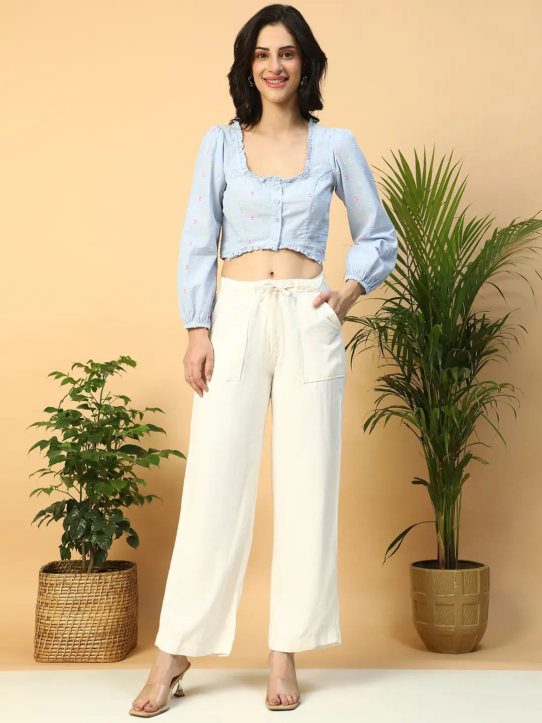 Blue Women’s Crop Top with Long Sleeves & Button-Down - Image 8