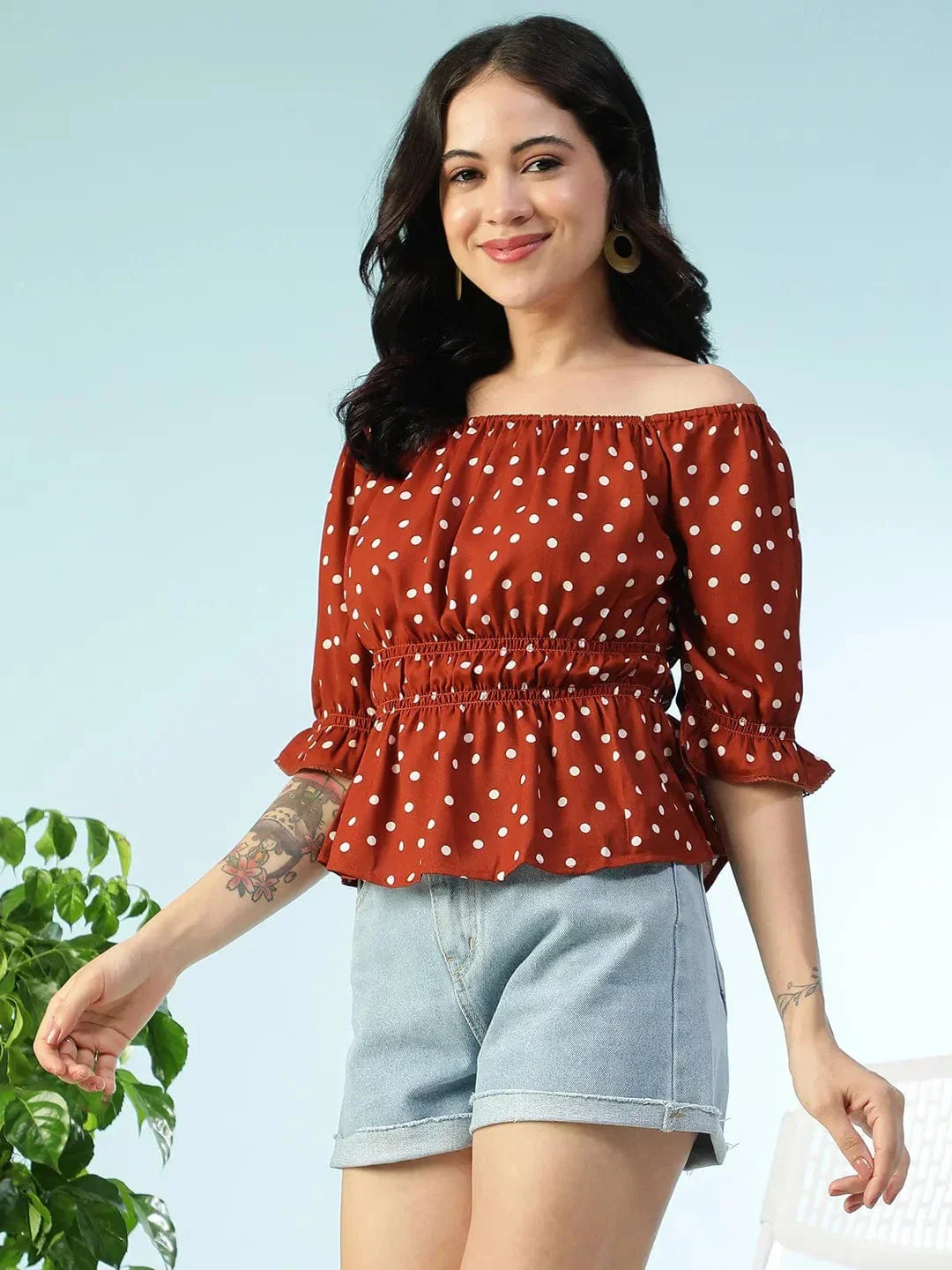 Bold Brwon Polka Dot Print Smocked Off-Shoulder Women Peplum Top - Image 3