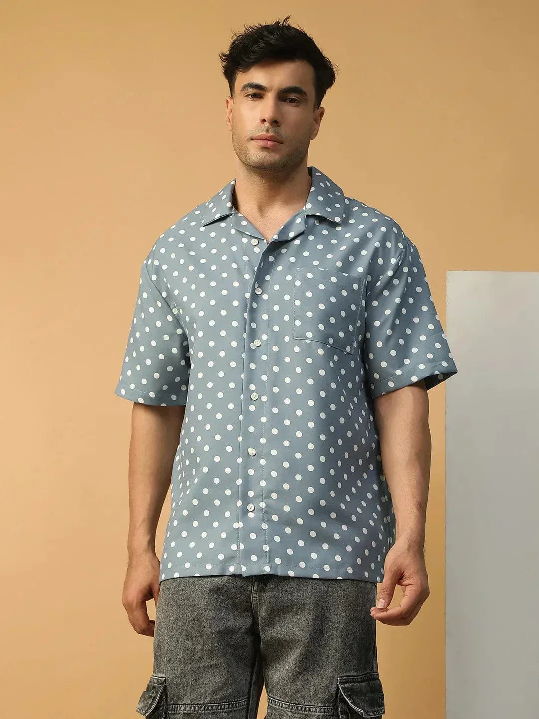 Boss Blue Polka Dot Print Lapel Collar Short Sleeve Men Oversized Shirt