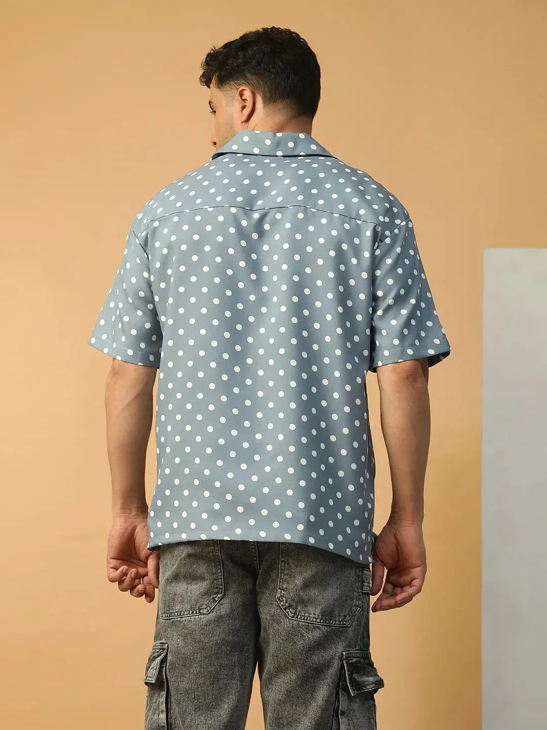 Boss Blue Polka Dot Print Lapel Collar Short Sleeve Men Oversized Shirt - Image 5