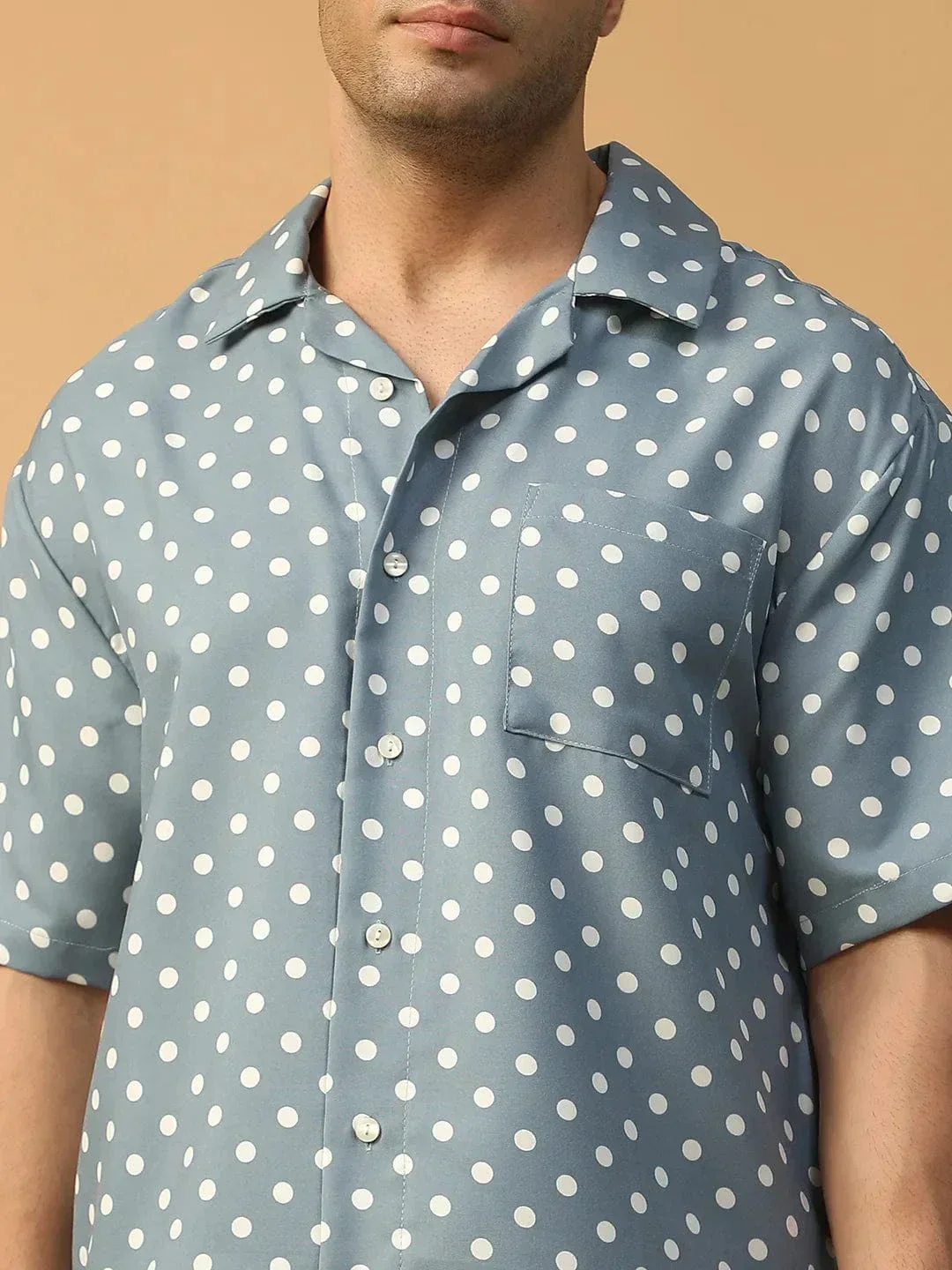 Boss Blue Polka Dot Print Lapel Collar Short Sleeve Men Oversized Shirt - Image 6