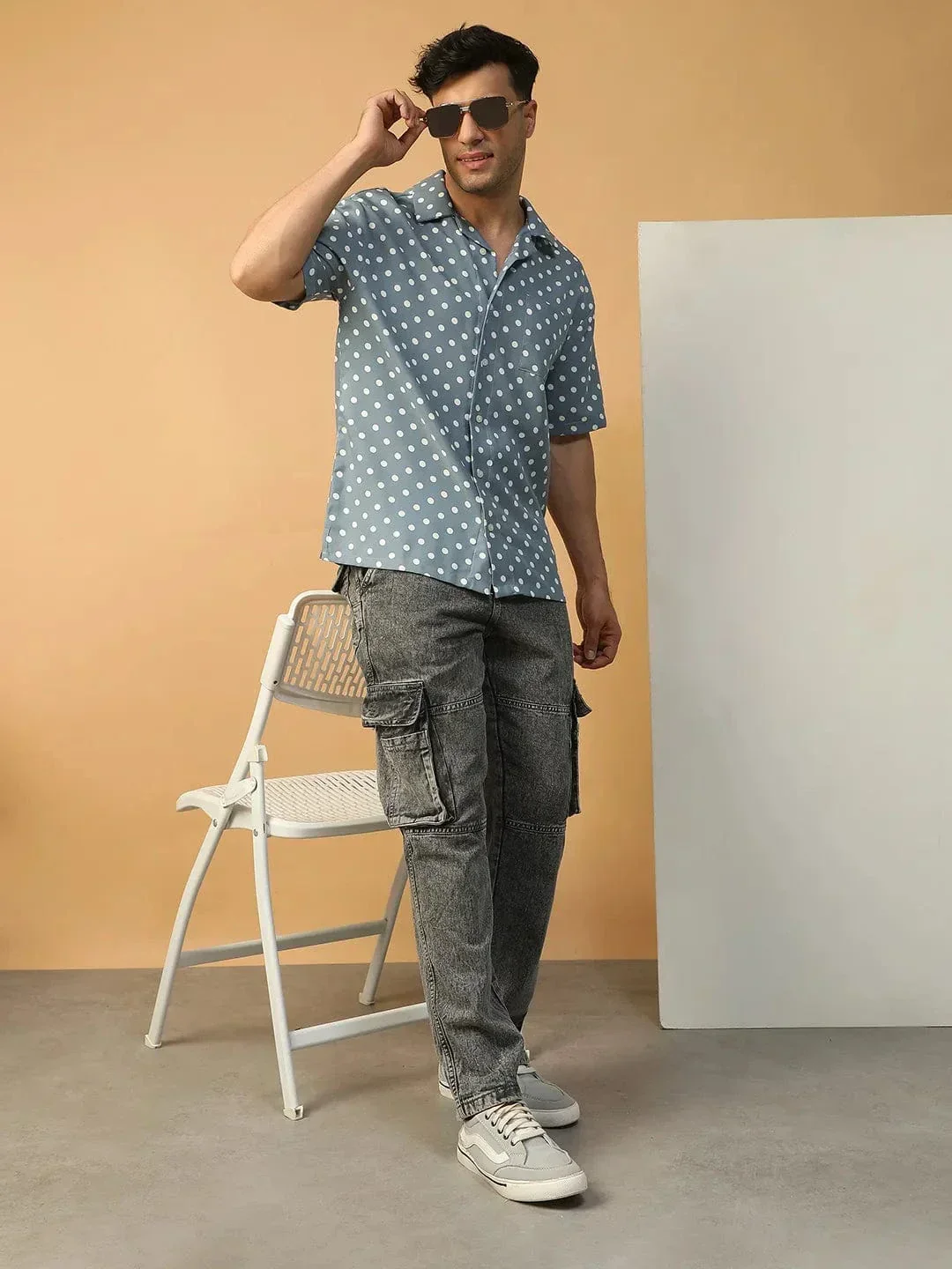 Boss Blue Polka Dot Print Lapel Collar Short Sleeve Men Oversized Shirt - Image 7