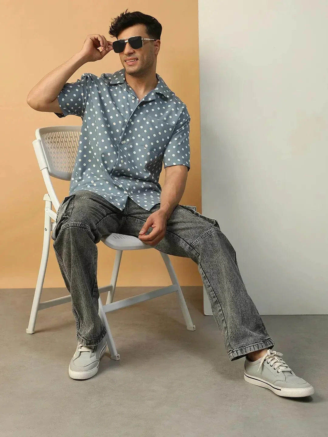 Boss Blue Polka Dot Print Lapel Collar Short Sleeve Men Oversized Shirt - Image 8