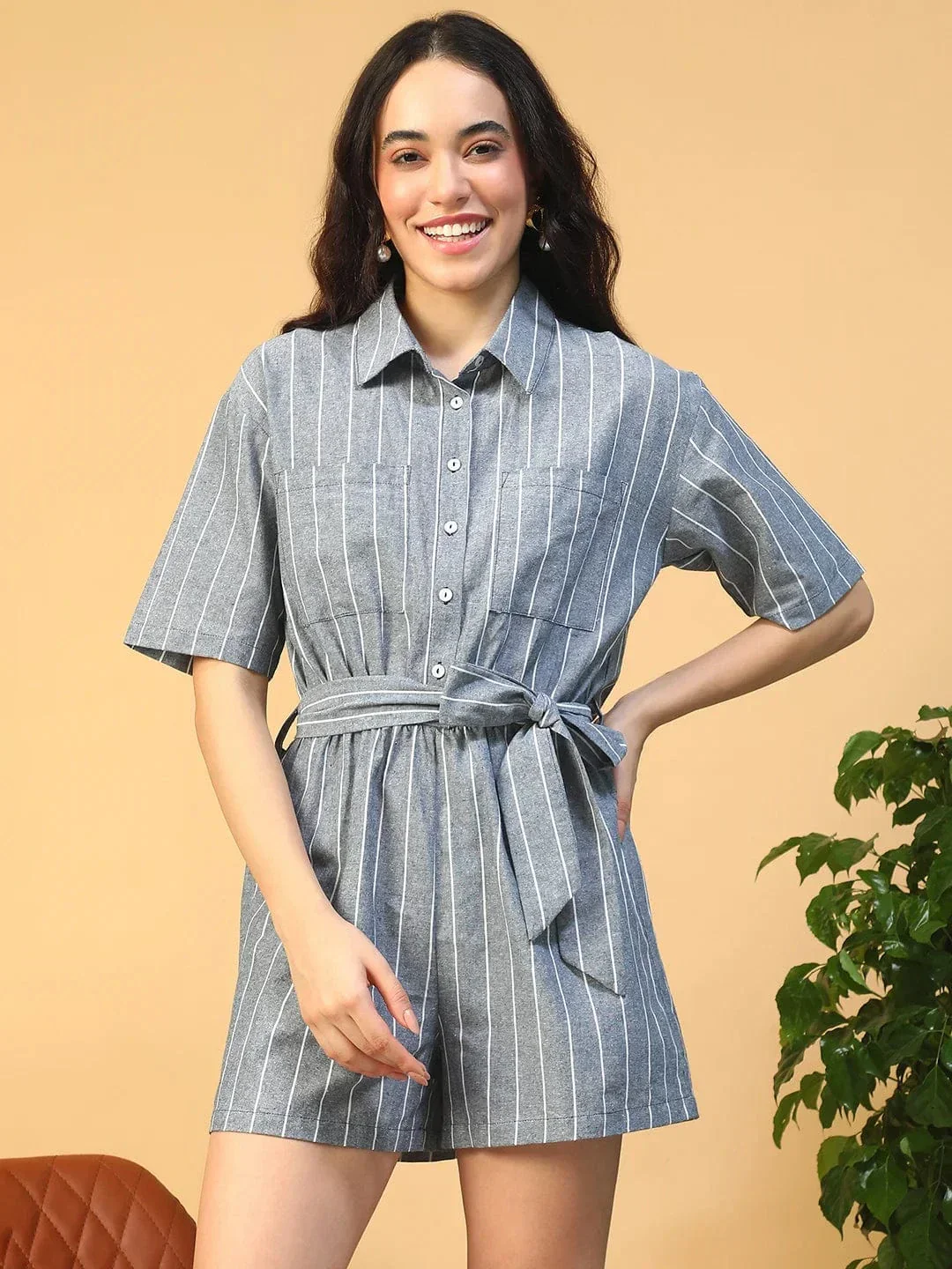 Boss Blue Stripe Print Elasticated With Tie-Up Belt Button Down Women Cotton Playsuit