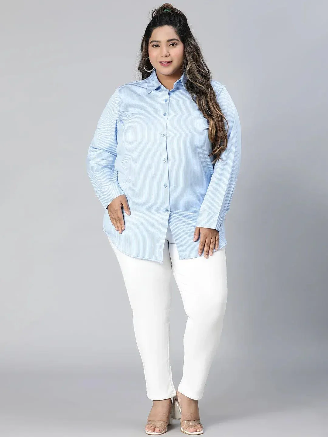 Bossy Blue Stripe Print Plus Size Cotton Blend Shirt - Image 2