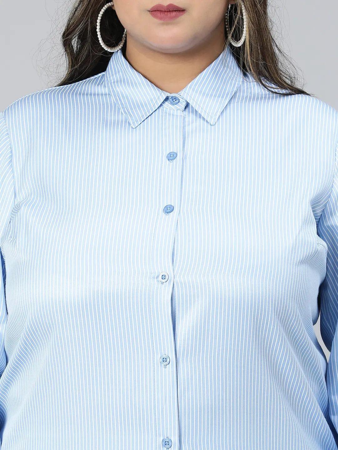 Bossy Blue Stripe Print Plus Size Cotton Blend Shirt - Image 6