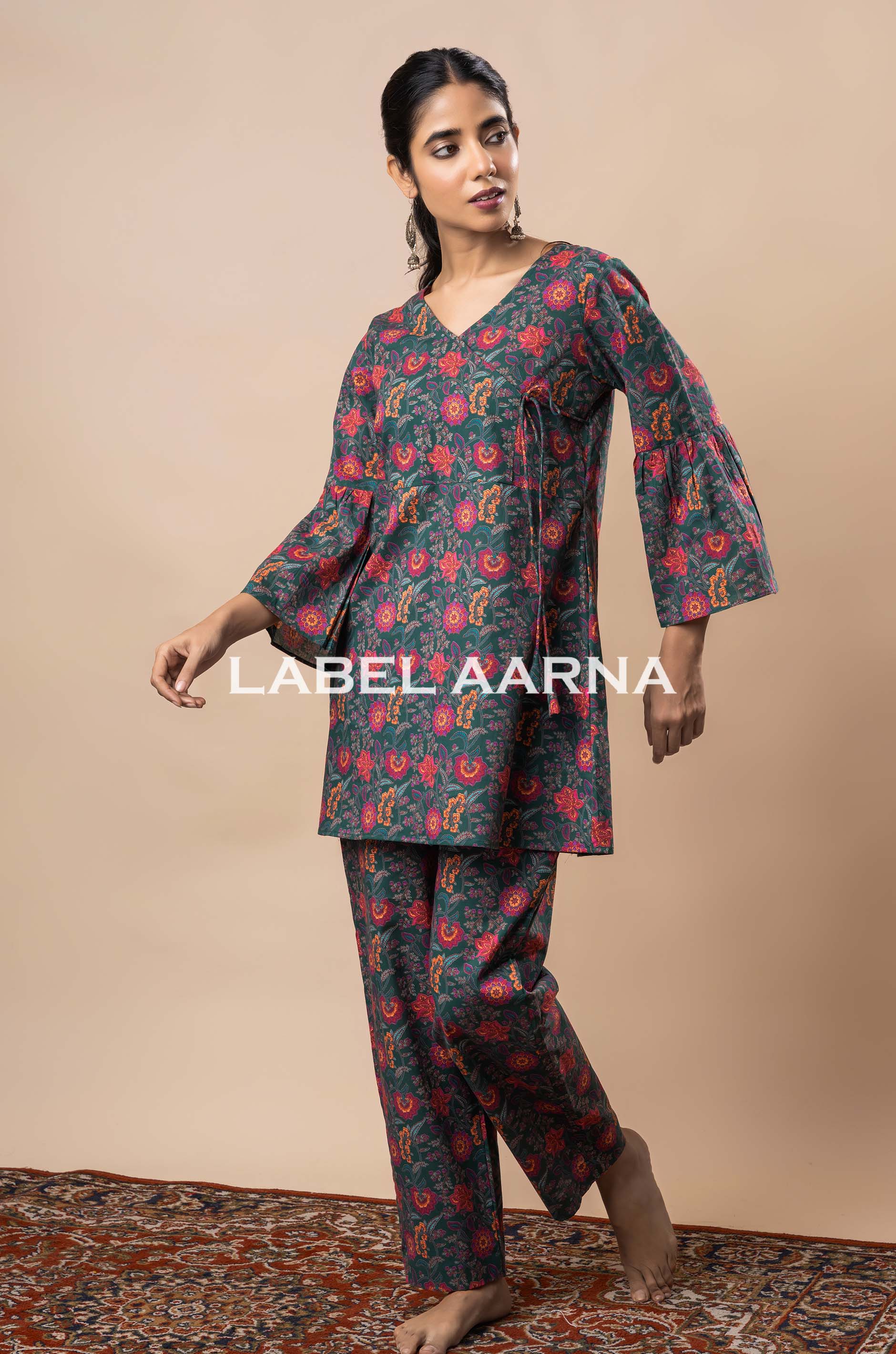 Bottle Green Pure Cotton Floral Printed Angrakha Co-Ord Set