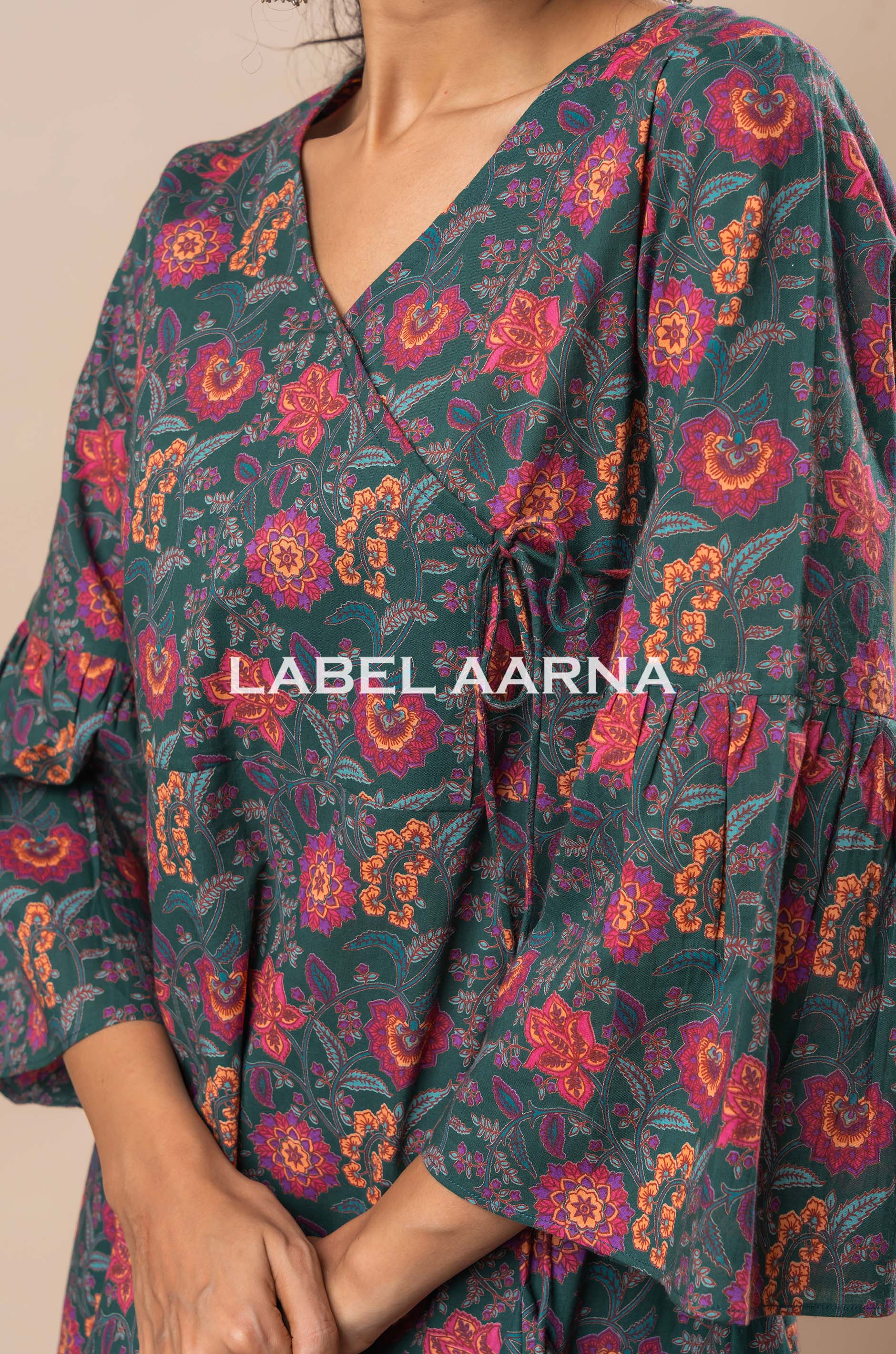 Bottle Green Pure Cotton Floral Printed Angrakha Co-Ord Set - Image 6