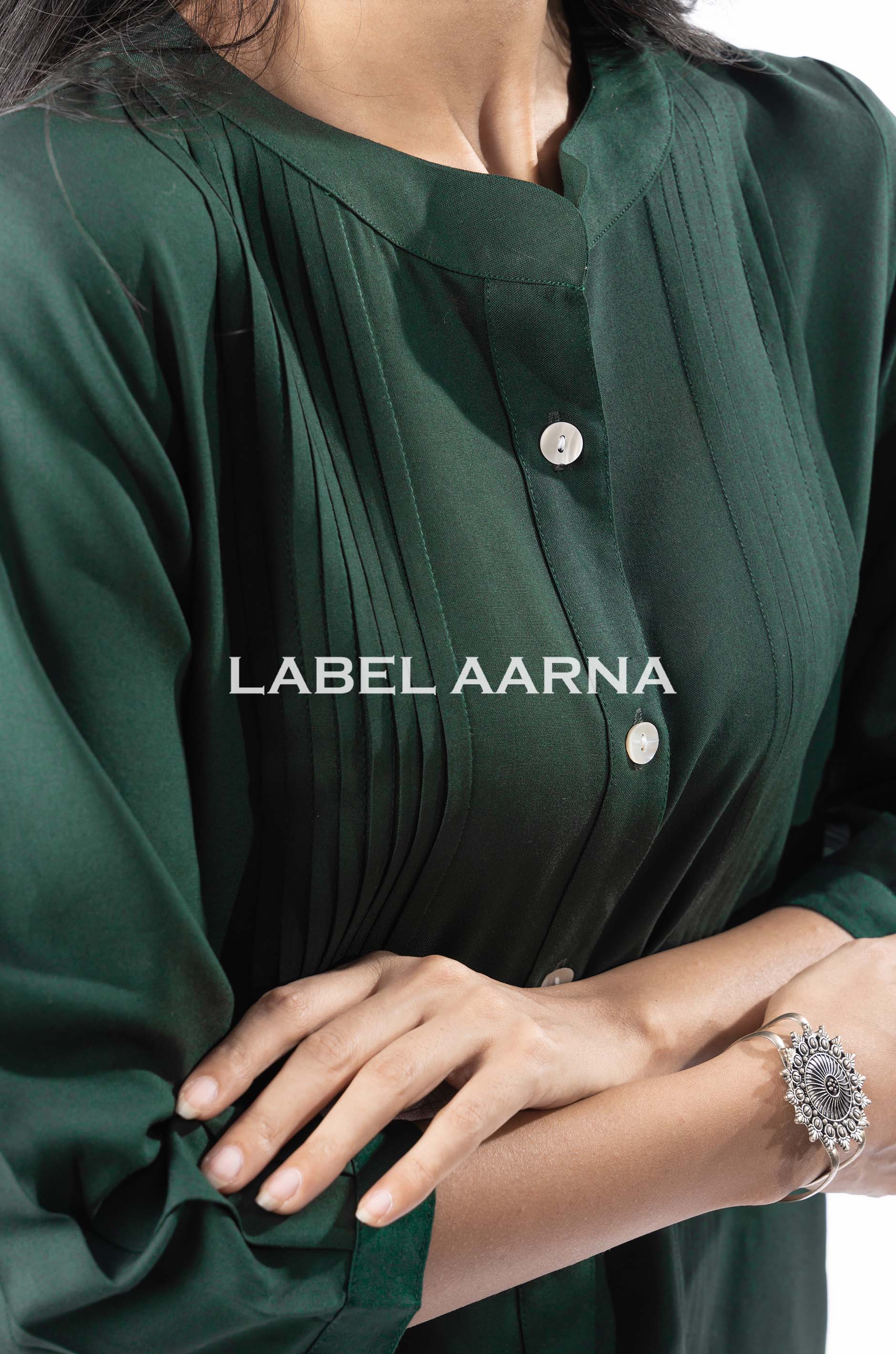 Bottle Green Viscose Rayon Pleated Band Collar Straight Fit Co-Ord Set - Image 3