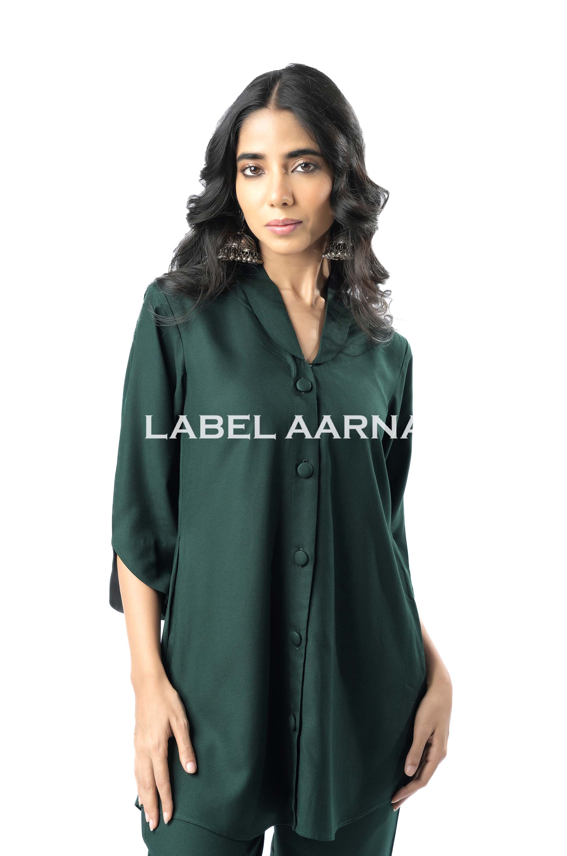 Bottle Green Viscose Rayon Shawl Collar Curved Sleeves Co-Ord Set - Image 2