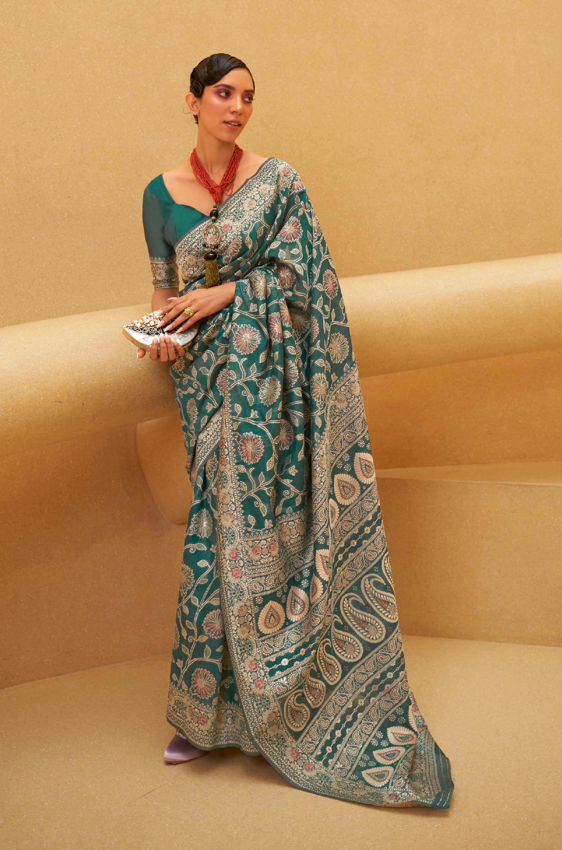 Bottle Green Woven Chikankari Lucknowi Saree