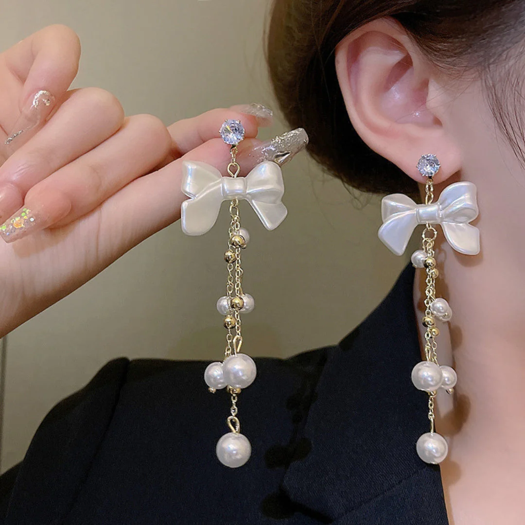 Bow Drop White Dangler  Earring - Image 3