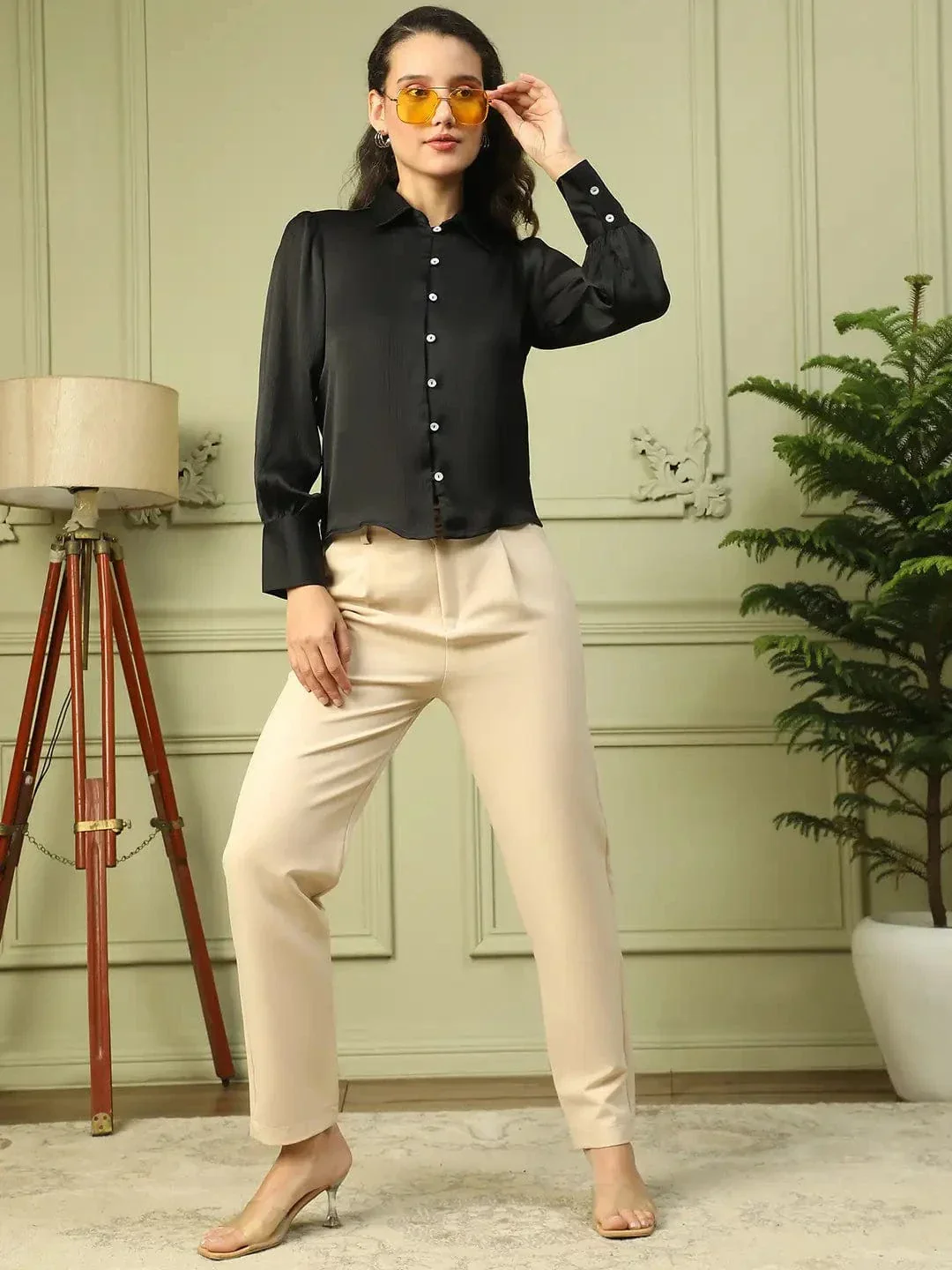 Brandish Solid Black Collared Long Sleeve Button Down Women Satin Shirt - Image 2
