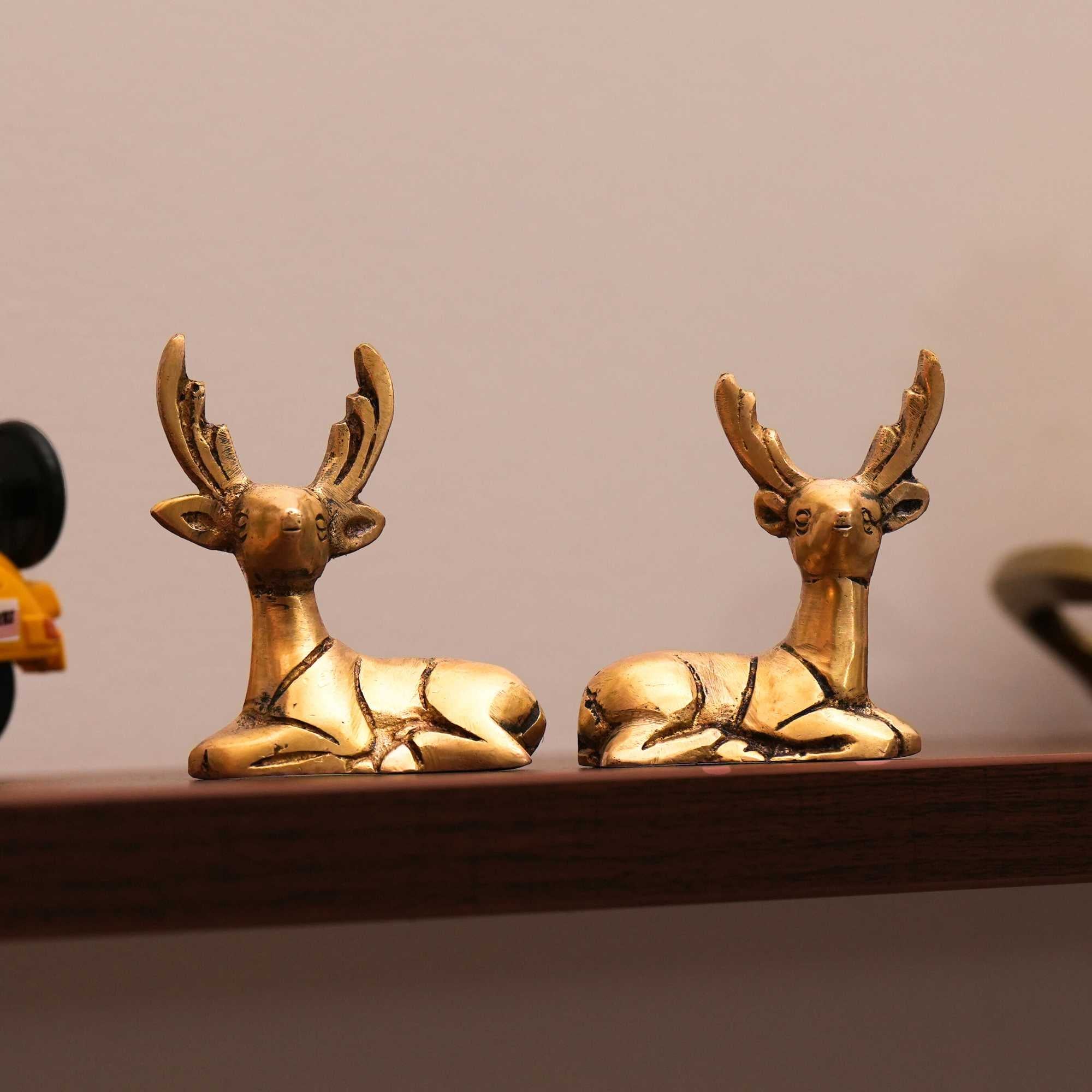Brass Deer Figurines | Set Of 2 | 100% Pure Brass | Yellow Antique Finish
