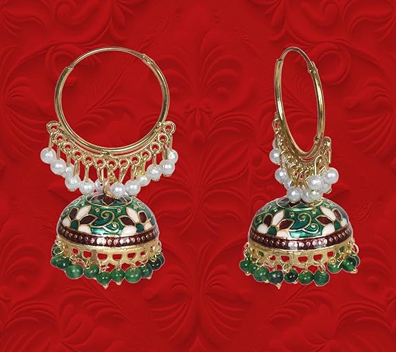 Brass Gold Plated Chandbali Earrings For Women, Combo Jhumki Earrings With Pearls Beads (Dark Green & Purple) - Image 5