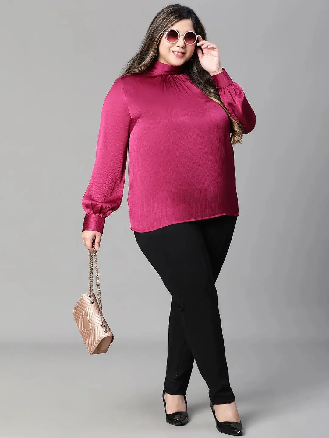 Bravo maroon long sleeve plus size women satin Loopy Top - Image 7