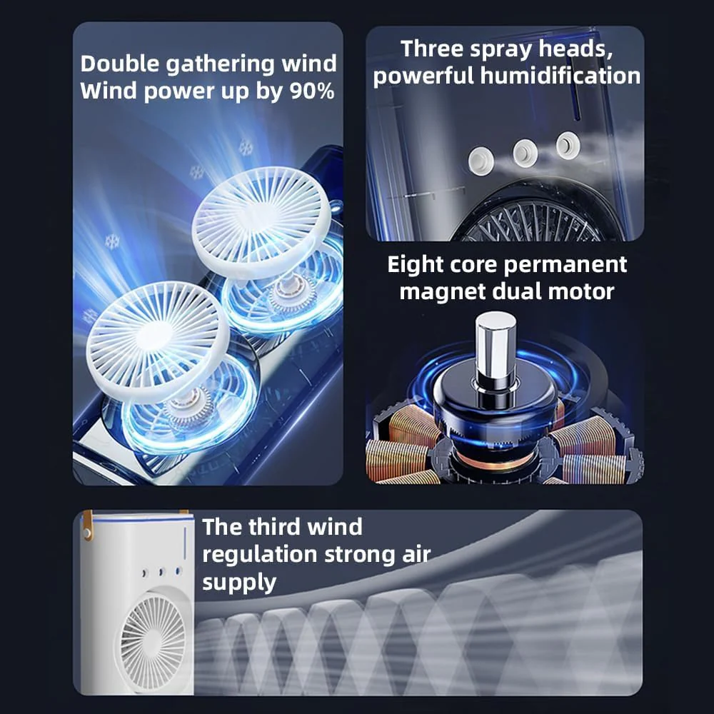 Breezo: Rechargeable Dual-Fan Air Cooler with Mist Spray – High Power Oscillating Mini AC with Remote, USB-C Charging, RGB Lights & Cold Air Blower for Home & Travel - Image 7