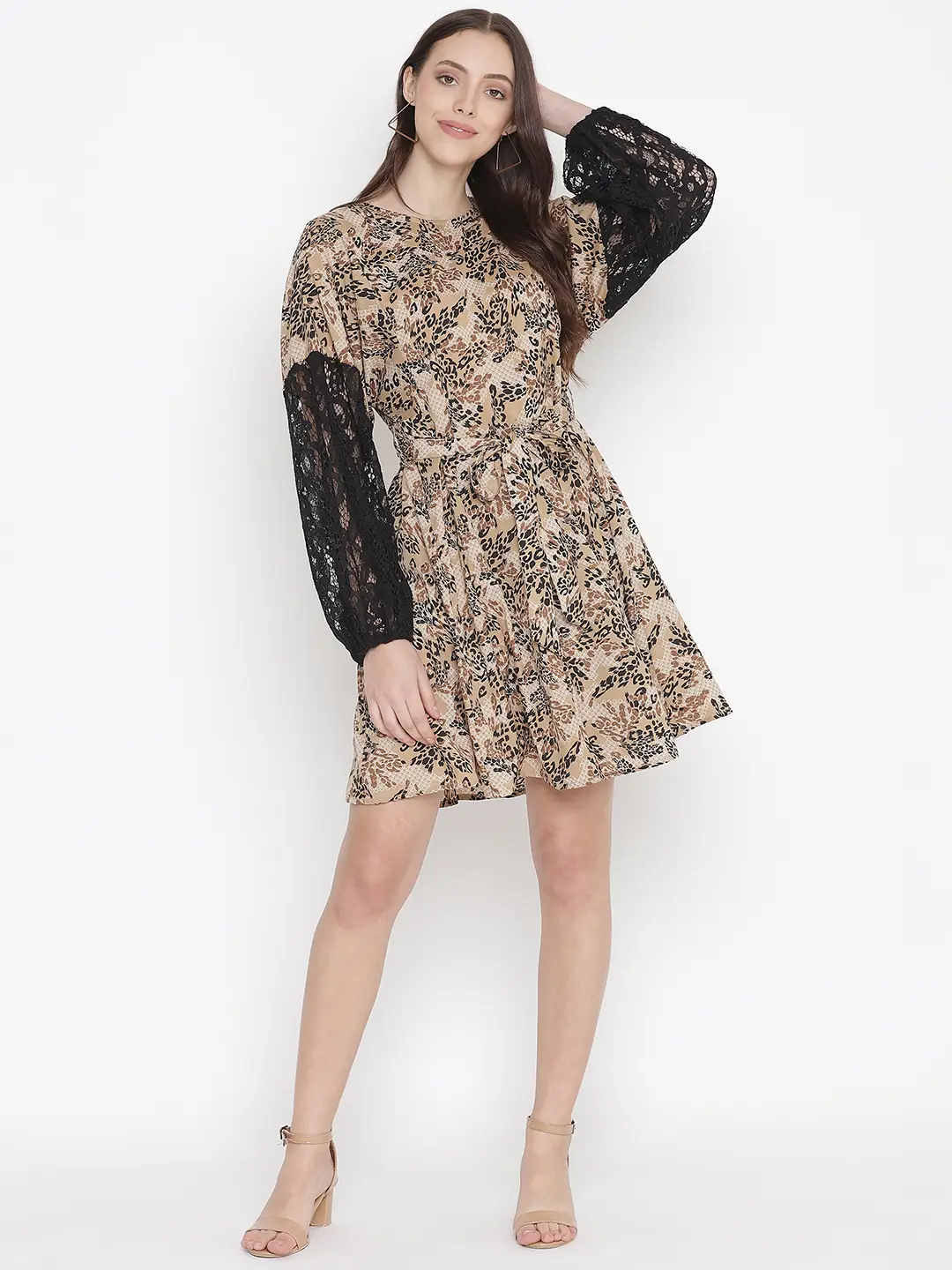 Brick Brown Floral Printed Sleeve Lace Fabric Women Dress - Image 2