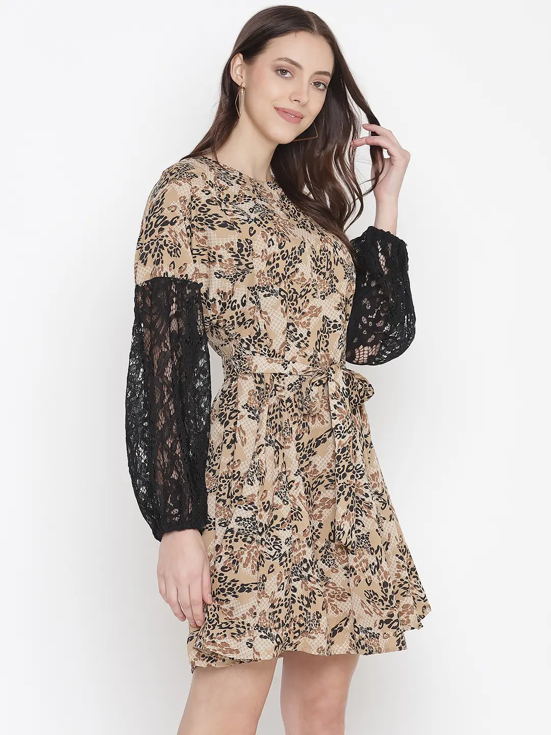 Brick Brown Floral Printed Sleeve Lace Fabric Women Dress - Image 4