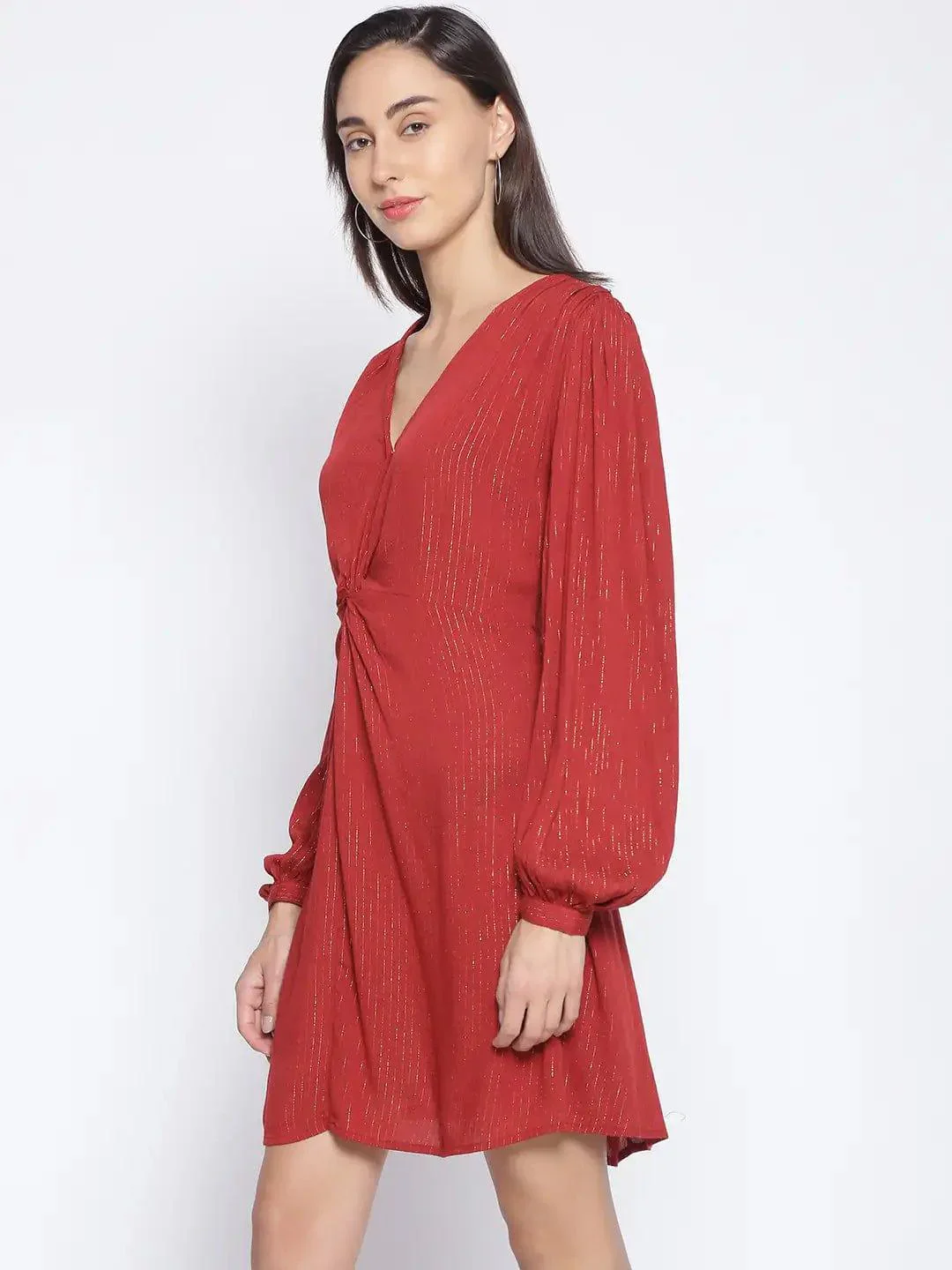 Brick Red Tailored Lurex Stripe Dress For Special Occasion Women Dress - Image 3