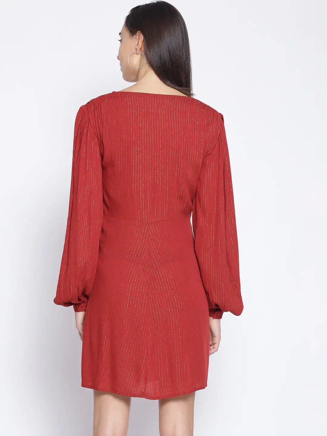 Brick Red Tailored Lurex Stripe Dress For Special Occasion Women Dress - Image 5