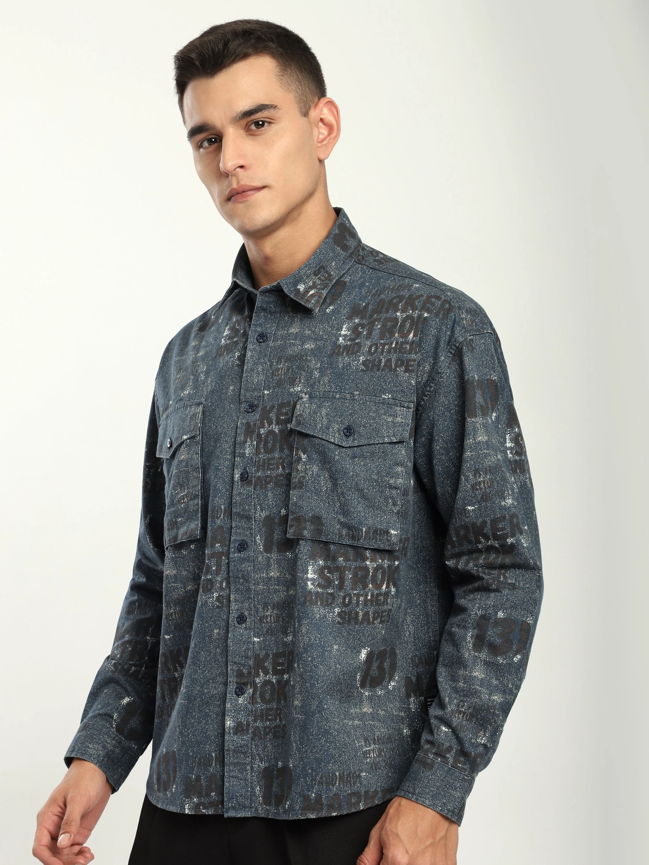 Brown And Blue Abstract Printed Shacket - Image 2