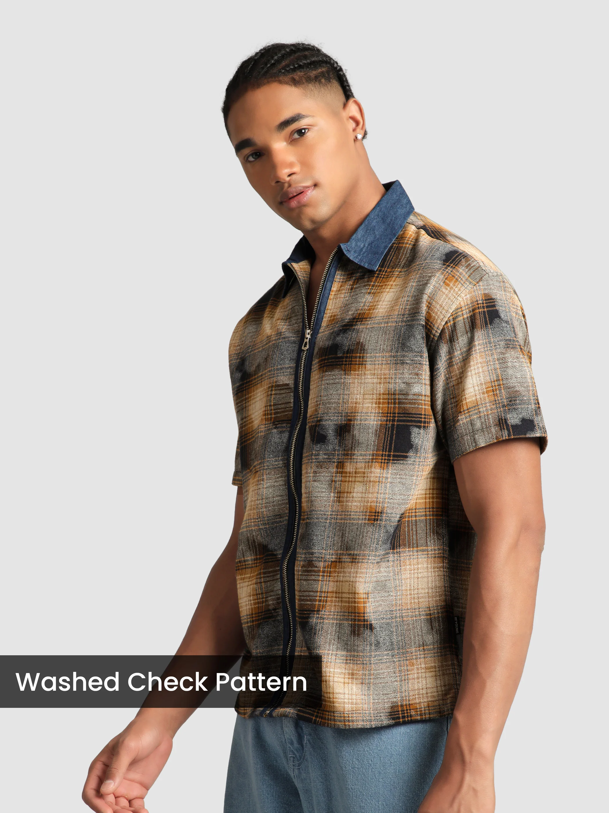 Brown and Blue Denim Collar Zipper Shirt - Image 2