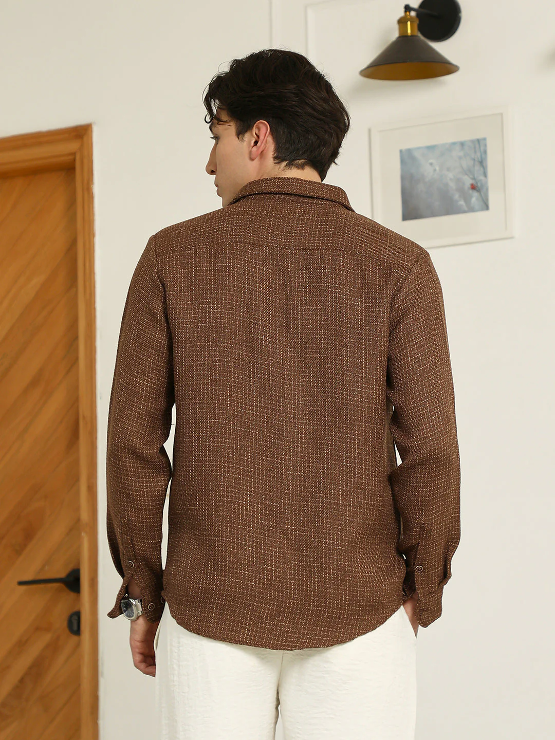 Brown Textured Cotton Blend Full Sleeve Shirt - Image 4
