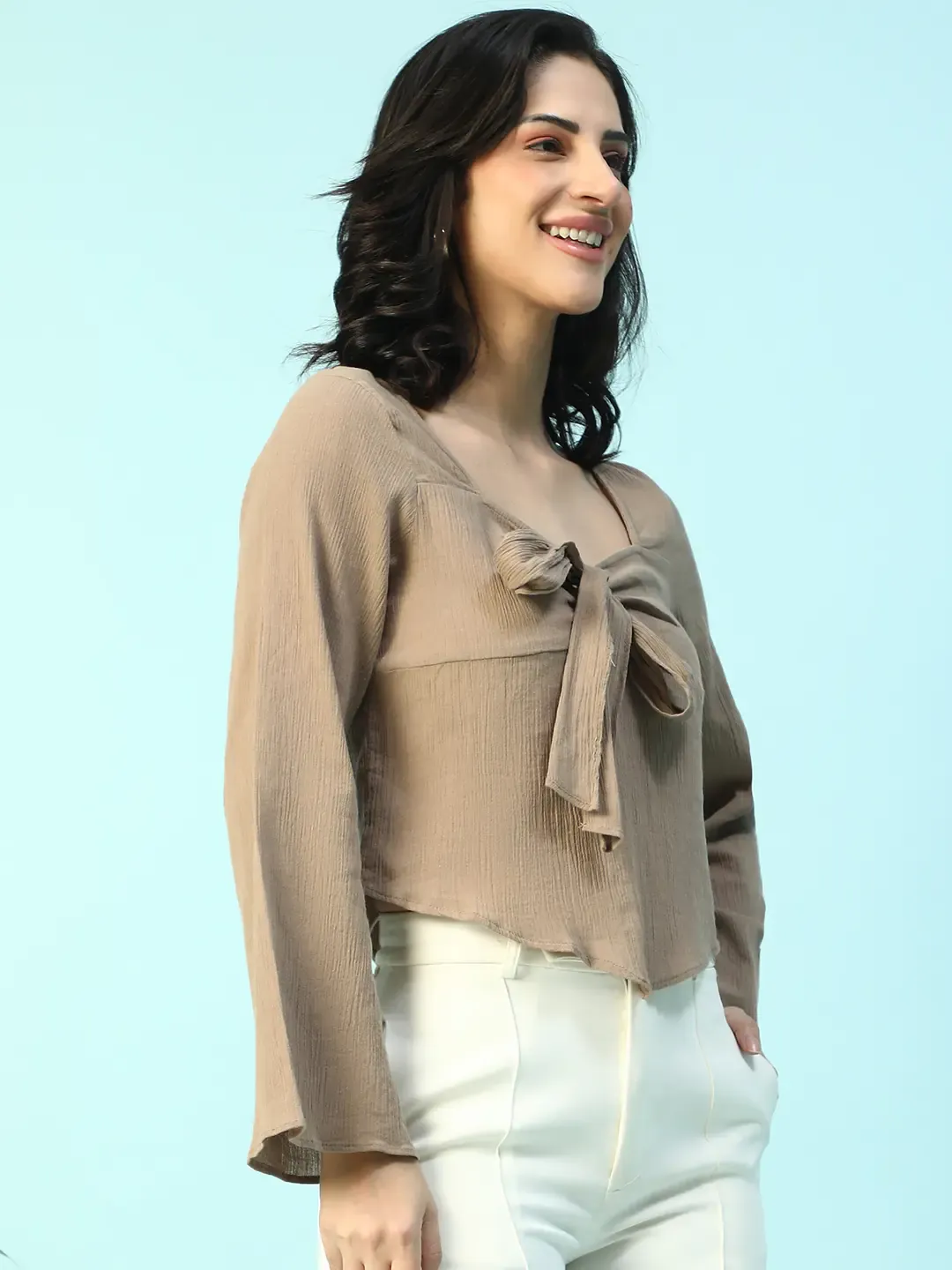 Brown Women’s Cotton Top with Tie-Knot - Image 5