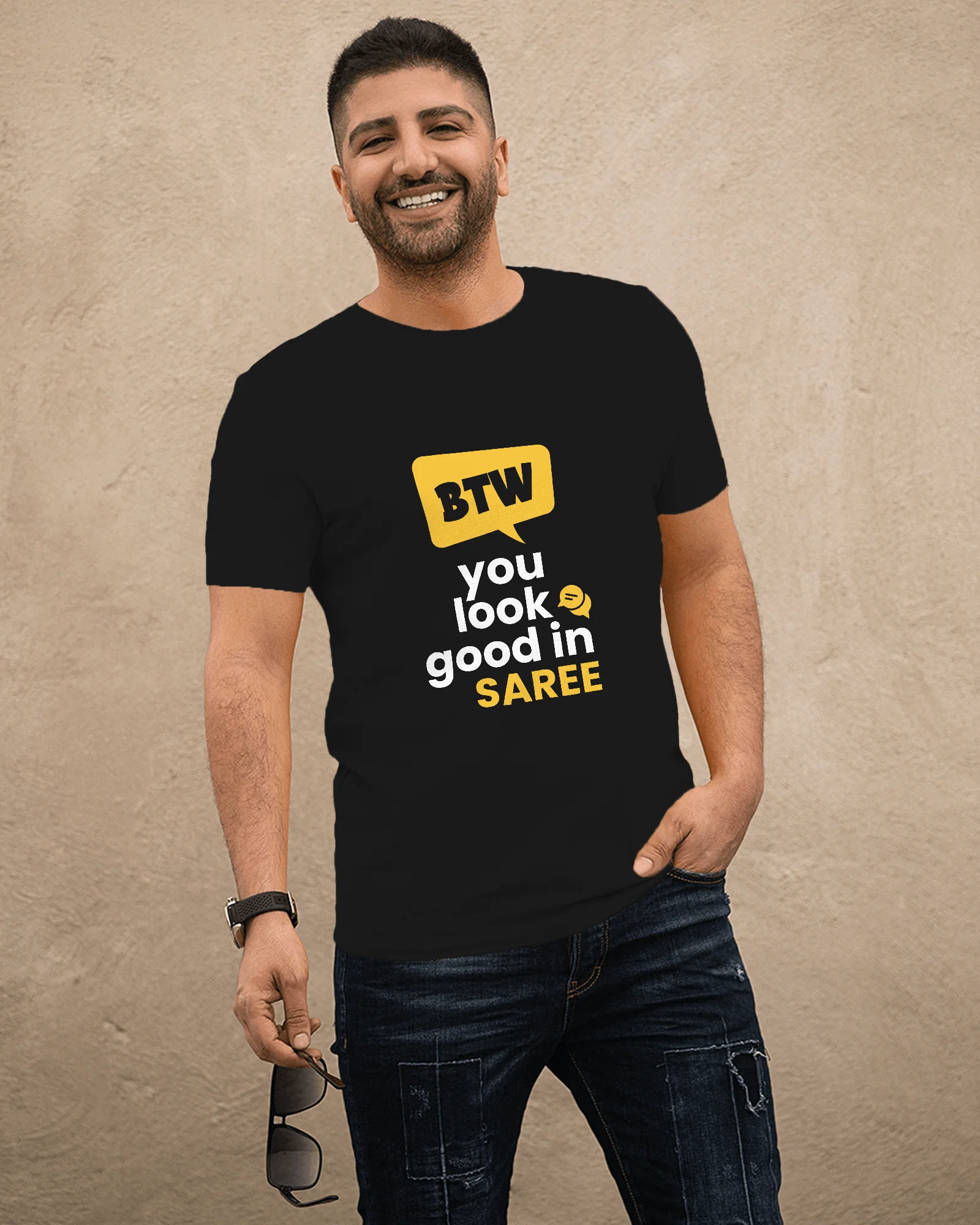 BTW You Look Good in Saree – Bengali Quirky Graphic Tee - Image 2