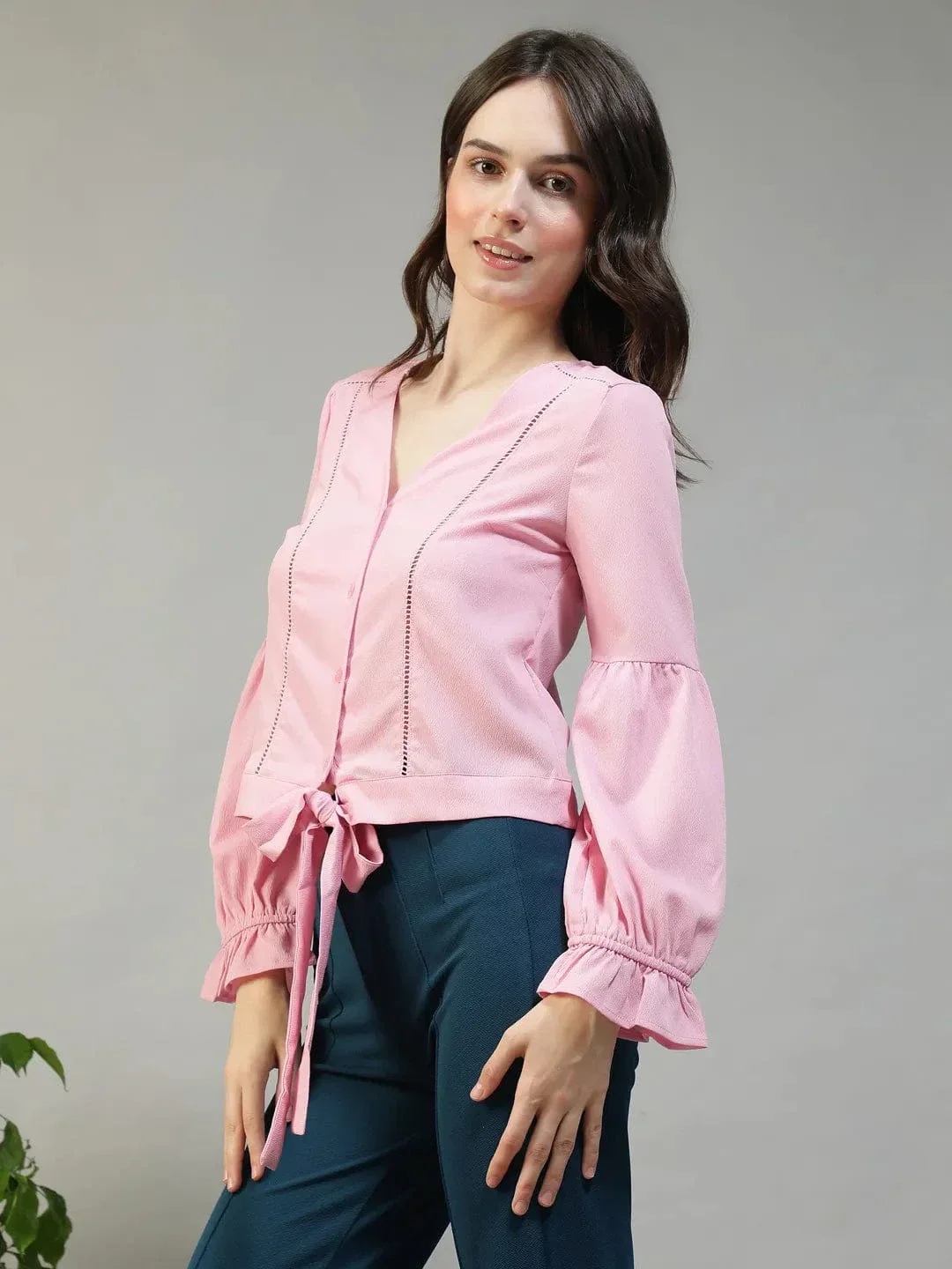 Bubble Light Pink Button-Down Women Top with Tie-Knot and Lace Detail - Image 3