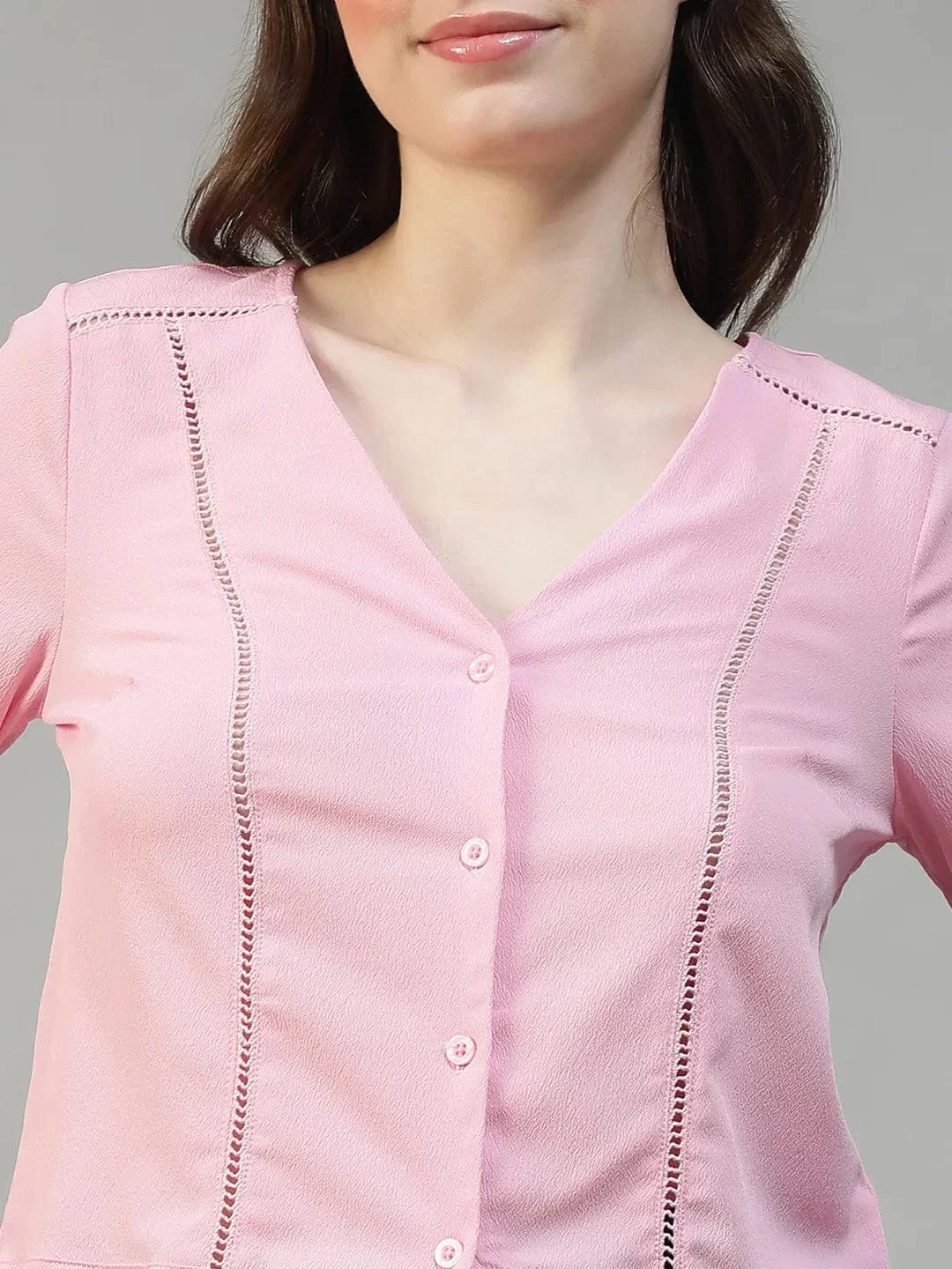 Bubble Light Pink Button-Down Women Top with Tie-Knot and Lace Detail - Image 6
