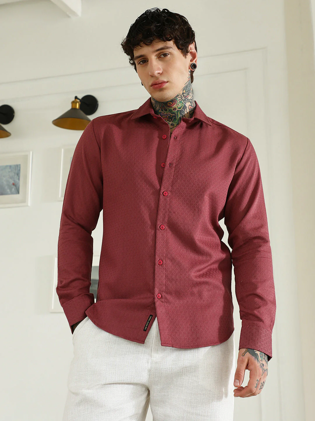 Burgundy Textured Cotton Blend Full Sleeve Shirt For Men - Image 2