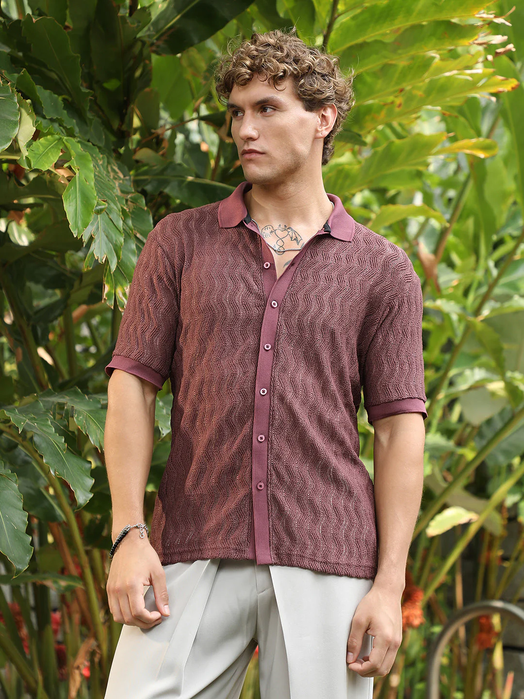 Burgundy Textured Cuban Collar Shirt - Image 2
