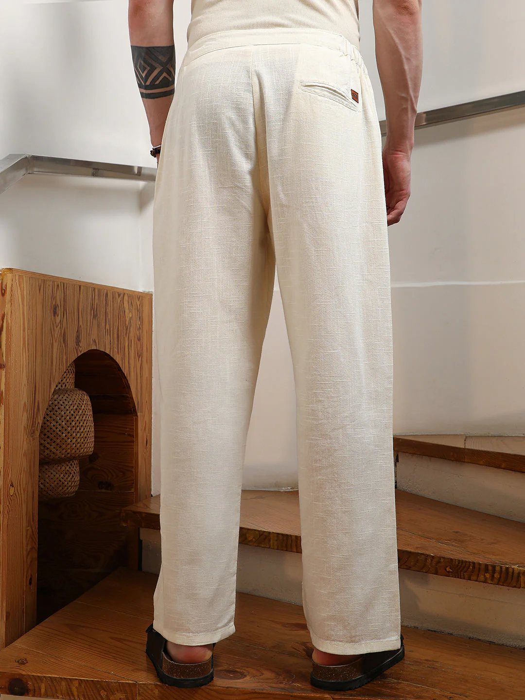 CAMPUS SUTRA Cream Cotton Relaxed Fit Trousers - Image 4