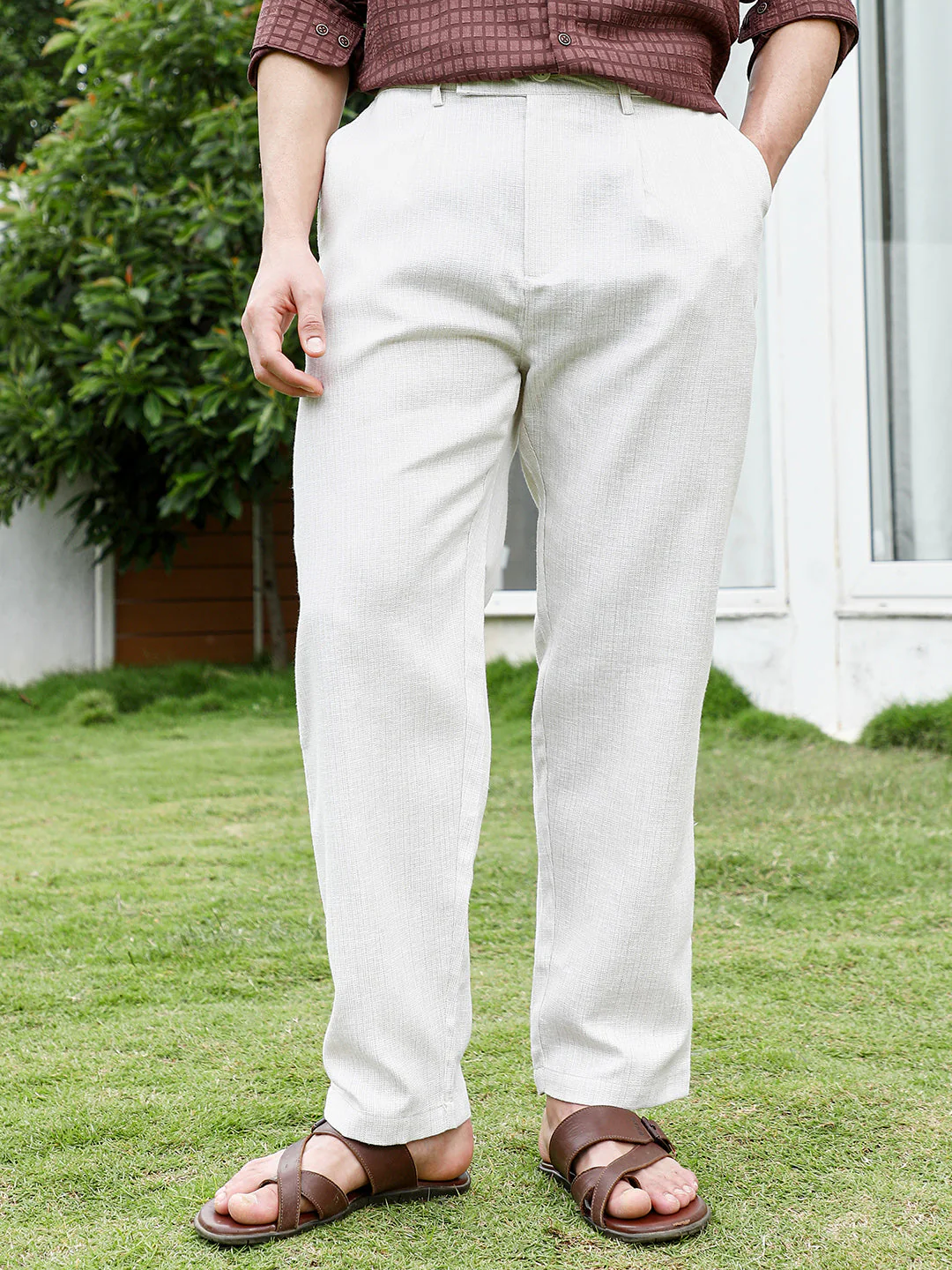 CAMPUS SUTRA Off White Textured Trousers - Image 2