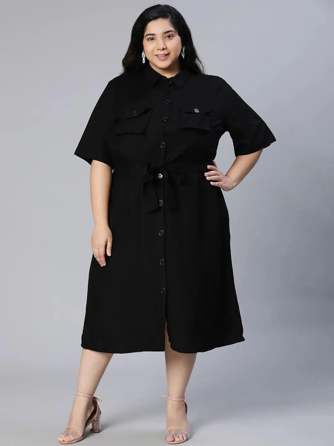Candid Black Button-Down Plus Size Linen Blend Plus Size Curvy Dress Now - Image 2