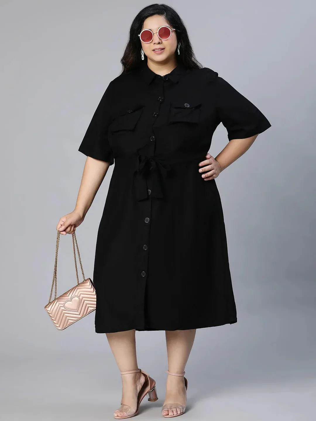 Candid Black Button-Down Plus Size Linen Blend Plus Size Curvy Dress Now - Image 3