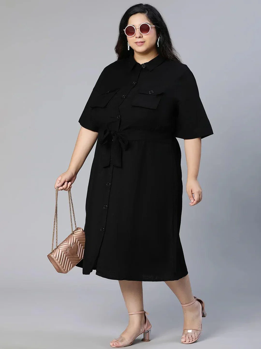 Candid Black Button-Down Plus Size Linen Blend Plus Size Curvy Dress Now - Image 4