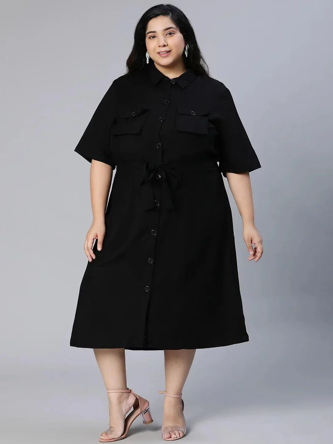 Candid Black Button-Down Plus Size Linen Blend Plus Size Curvy Dress Now - Image 5