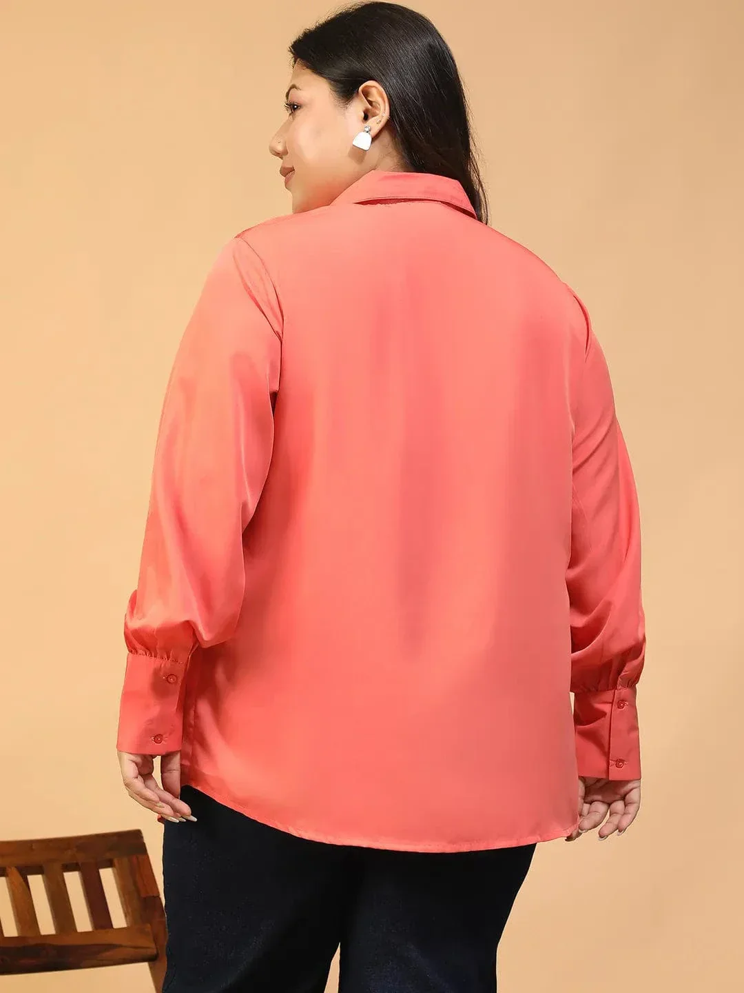 Candy Coral Collared Long Sleeve Lace Detail Button Down Plus Size Women Shirt - Image 5