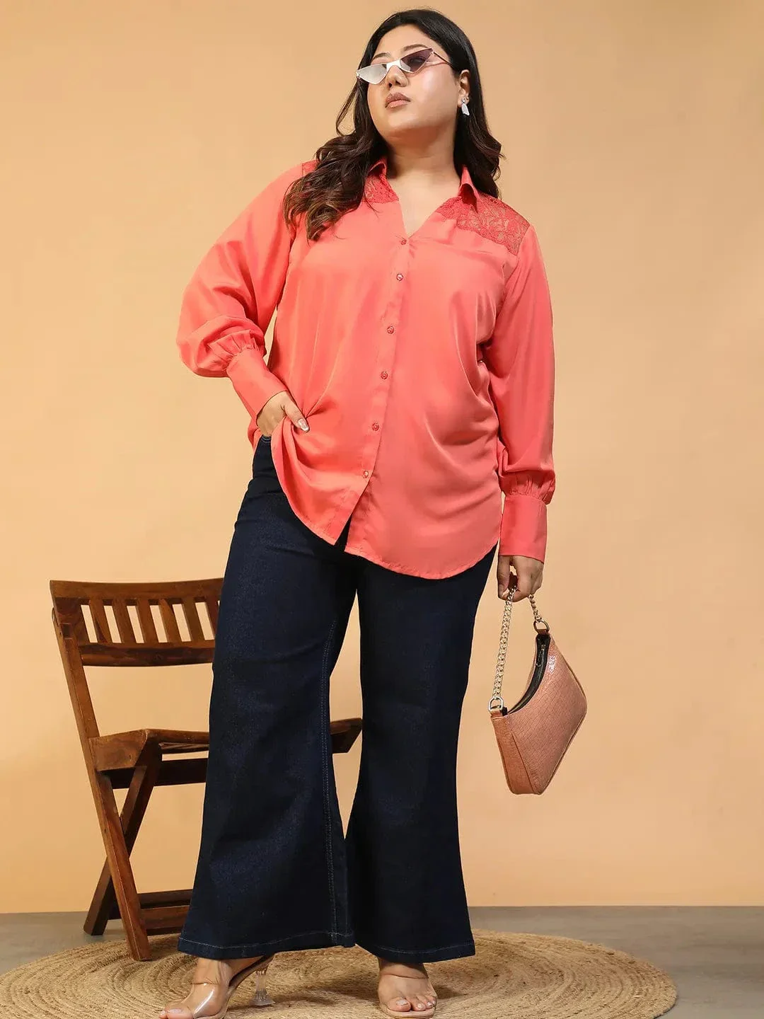 Candy Coral Collared Long Sleeve Lace Detail Button Down Plus Size Women Shirt - Image 7