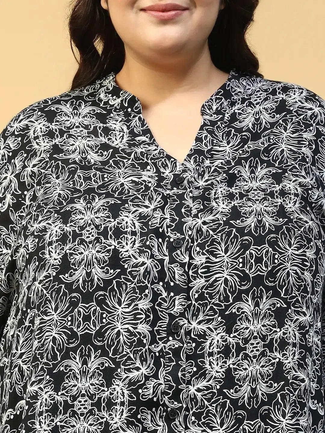 Canva Black Floral Print Long Sleeve Button Down Plus Size Beachwear Shirt - Image 7