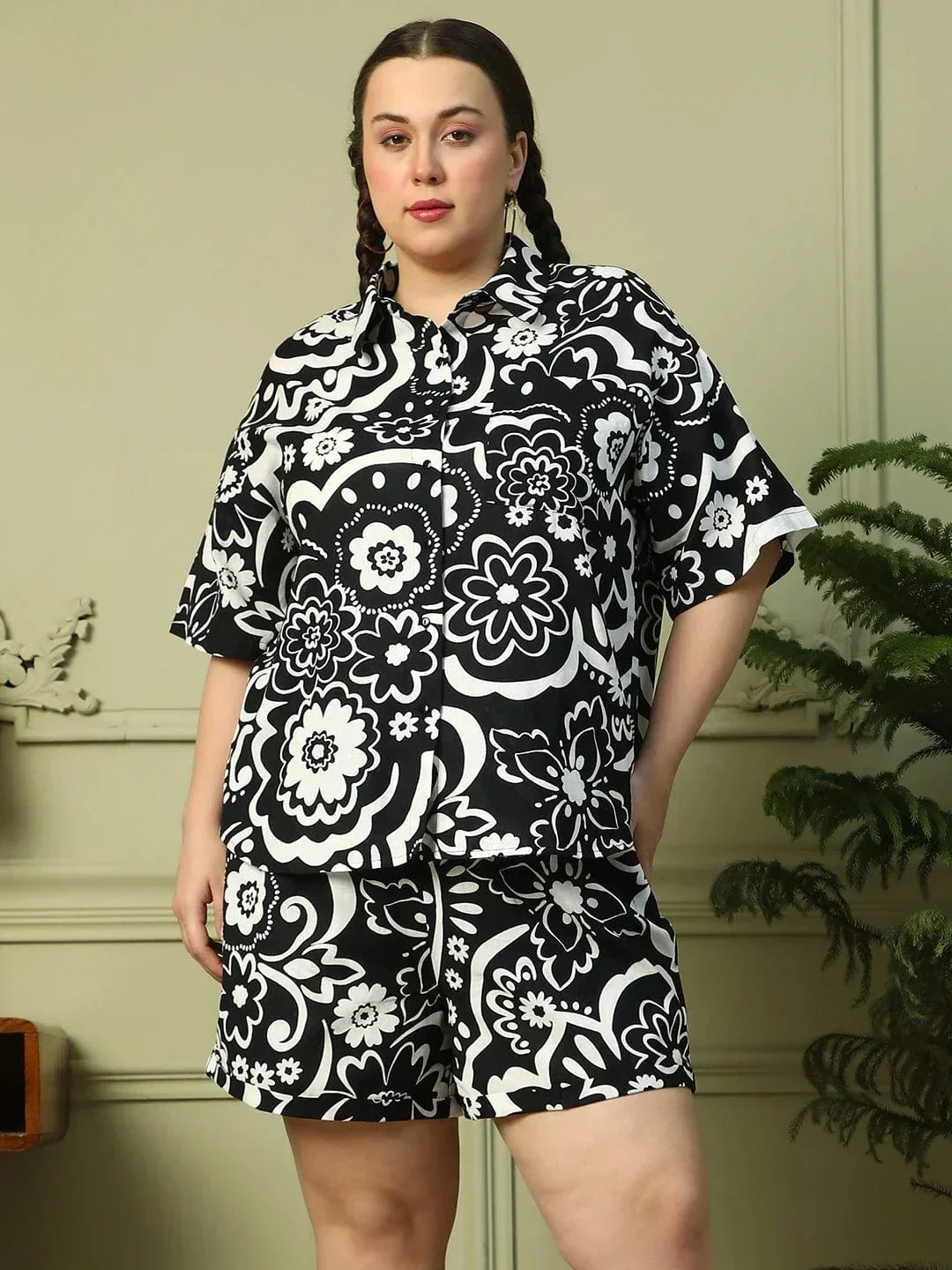 Casual Black Floral Print Shirt & Shorts Plus Size Cotton Co-ord Set